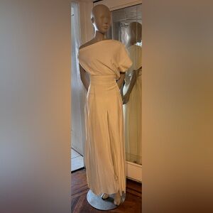 Cream Linen Wide Leg Jumpsuit with High-Waisted Design